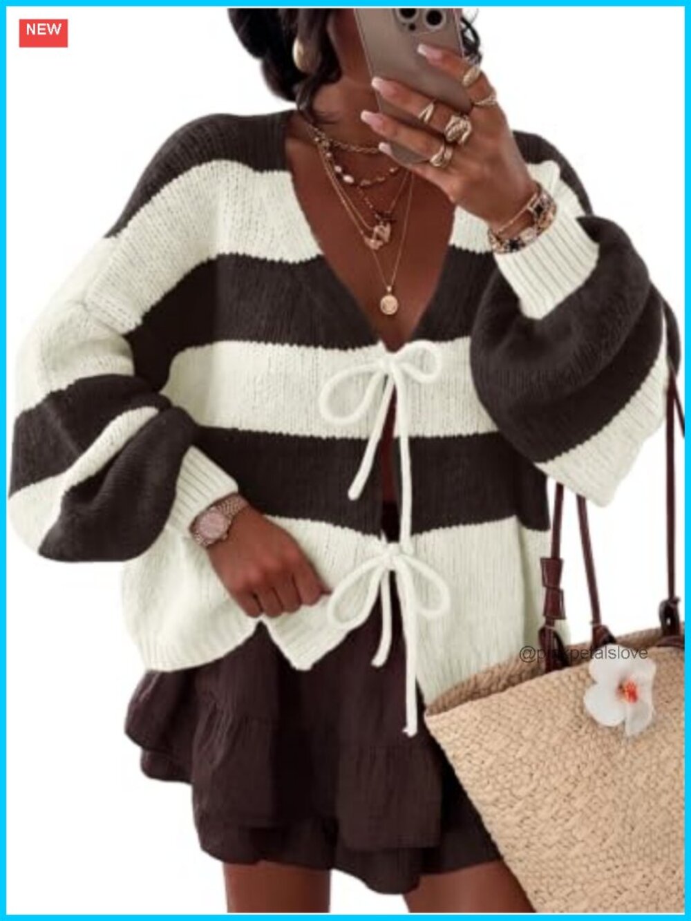 Oversized Striped Chunky Knit Cardigan Bow Tie V-Neck Sweater